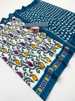 Charming Blue & White Ikkat Printed Mulmul Cotton Saree With Subtle Work - Image 2