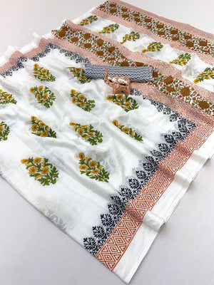 Trendy White Floral Print Mulmul Cotton Saree With Unique Work - Image 2