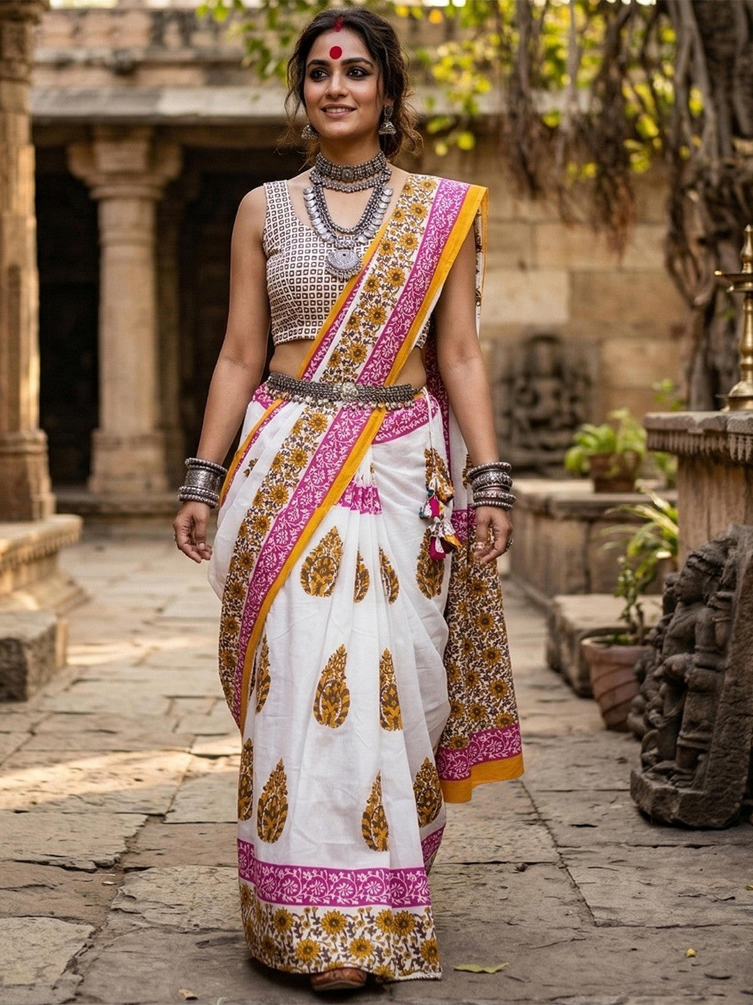 Stylish White & Mustard Floral Print Mulmul Cotton Saree With Delicate Work - Image 1