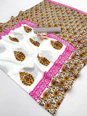 Stylish White & Mustard Floral Print Mulmul Cotton Saree With Delicate Work - Image 2