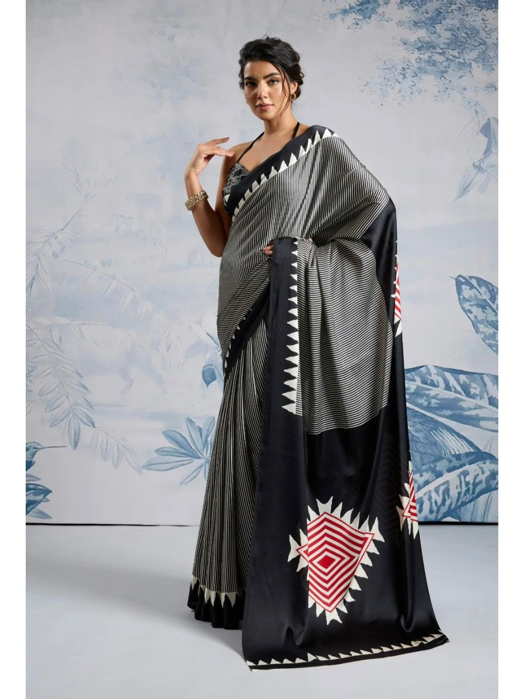 Elegant Black Crepe Saree with Striped and Geometric Print - Image 1