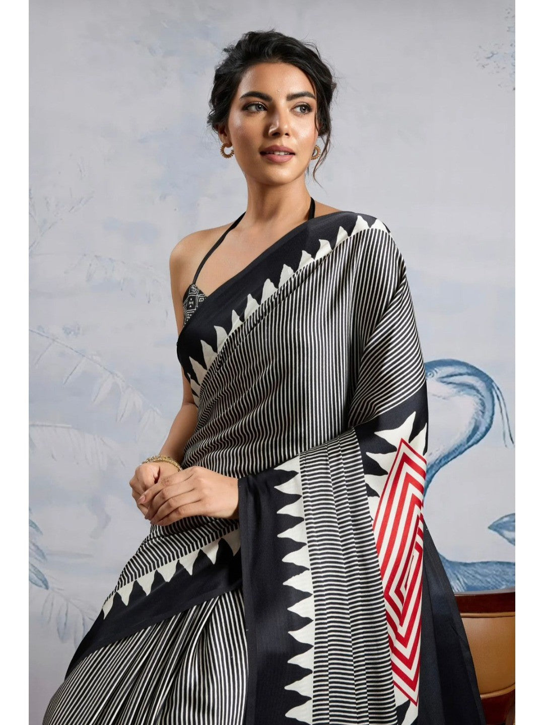 Elegant Black Crepe Saree with Striped and Geometric Print - Image 2
