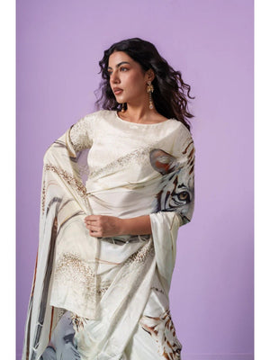 Elegant Cream Crepe Saree with Tiger Print - Modern Indian Fashion - Image 2