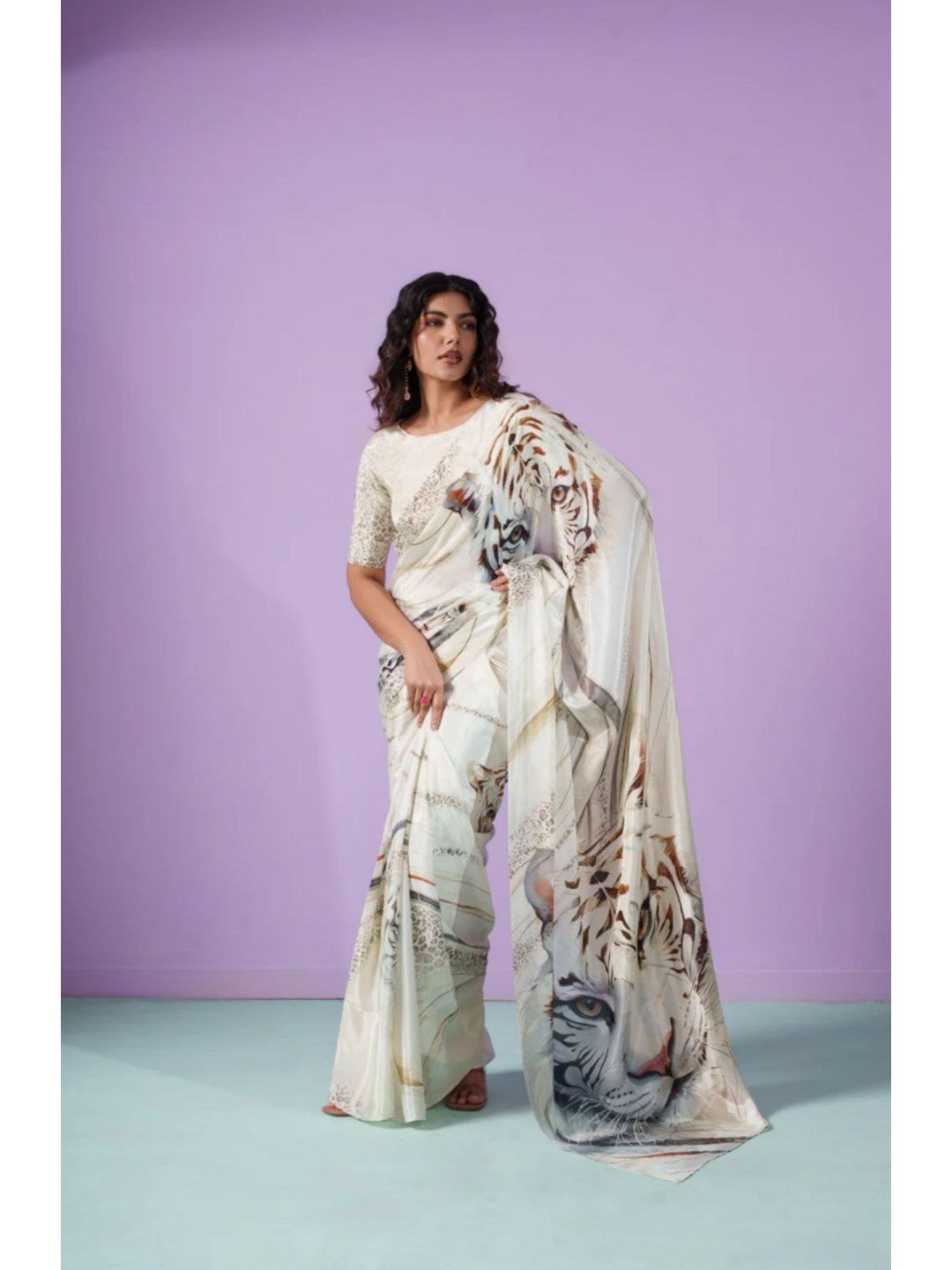 Elegant Cream Crepe Saree with Tiger Print - Modern Indian Fashion - Image 2