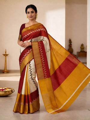 Elegant Red & Mustard Striped Weaving Georgette Saree Enhanced With Zig Zag Print Work - Image 1