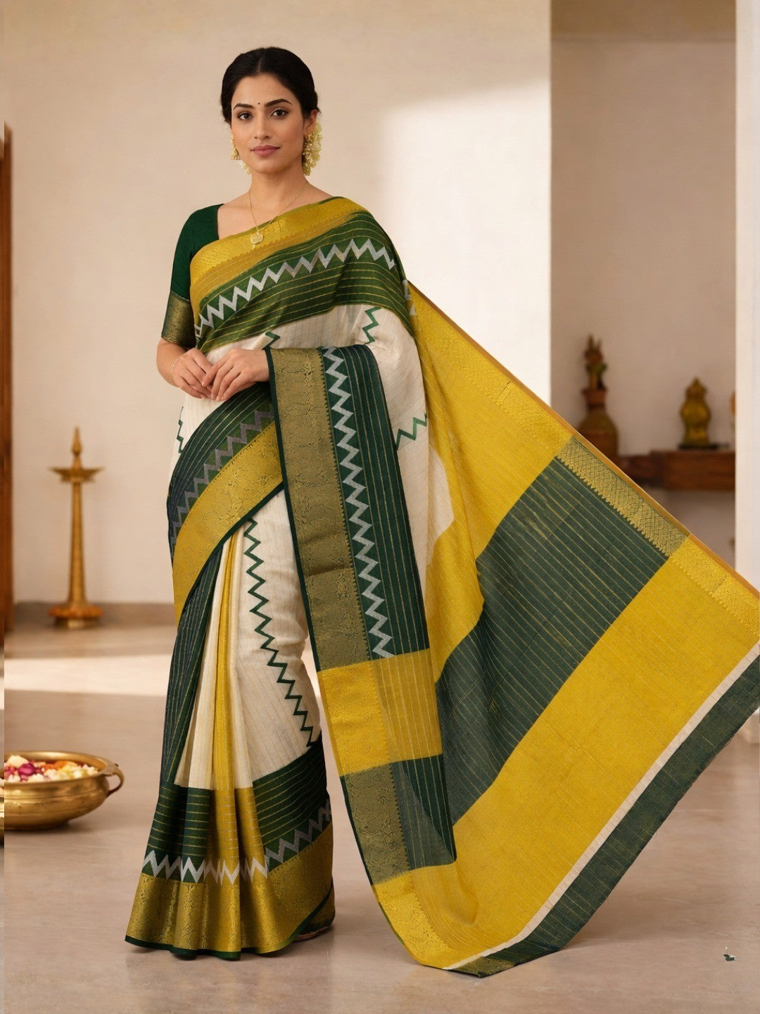 Elegant Green & Lemon Yellow Striped Weaving Georgette Saree Enhanced With Zig Zag Print Work - Image 1