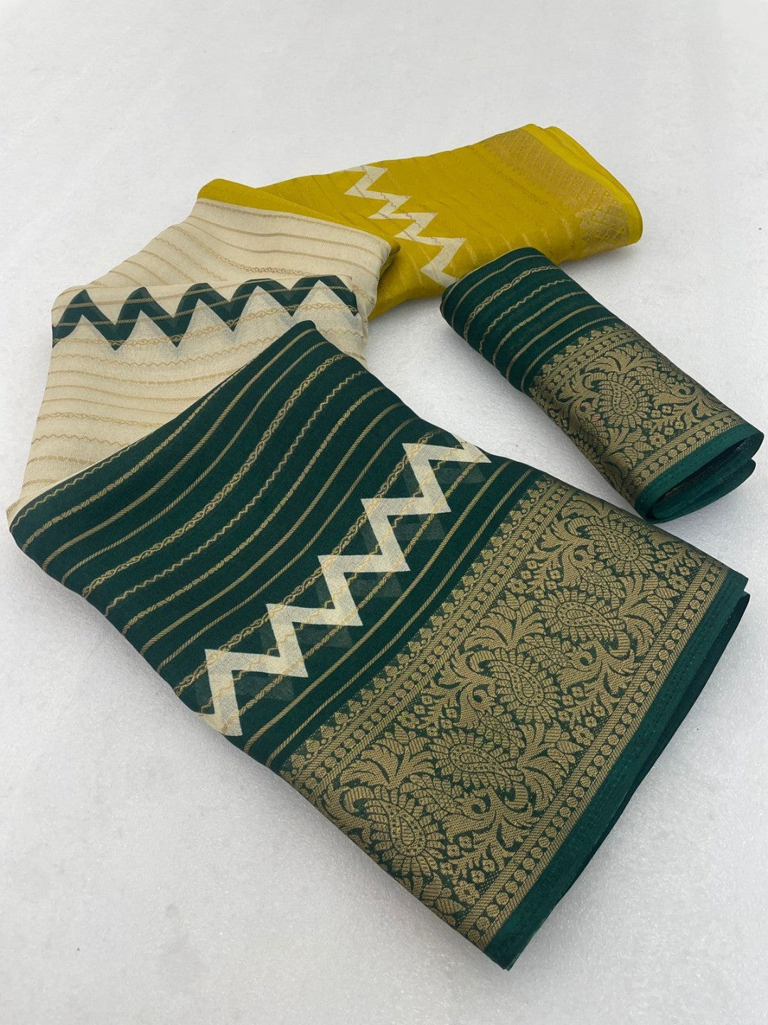 Elegant Green & Lemon Yellow Striped Weaving Georgette Saree Enhanced With Zig Zag Print Work - Image 3