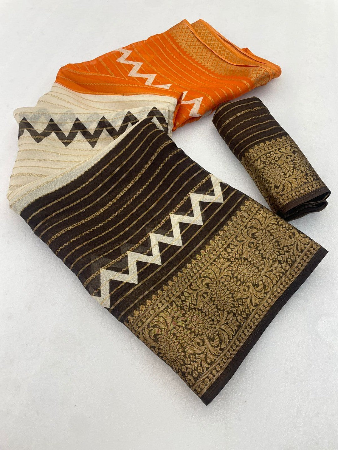 Elegant Brown & Orange Striped Weaving Georgette Saree Enhanced With Zig Zag Print Work - Image 3