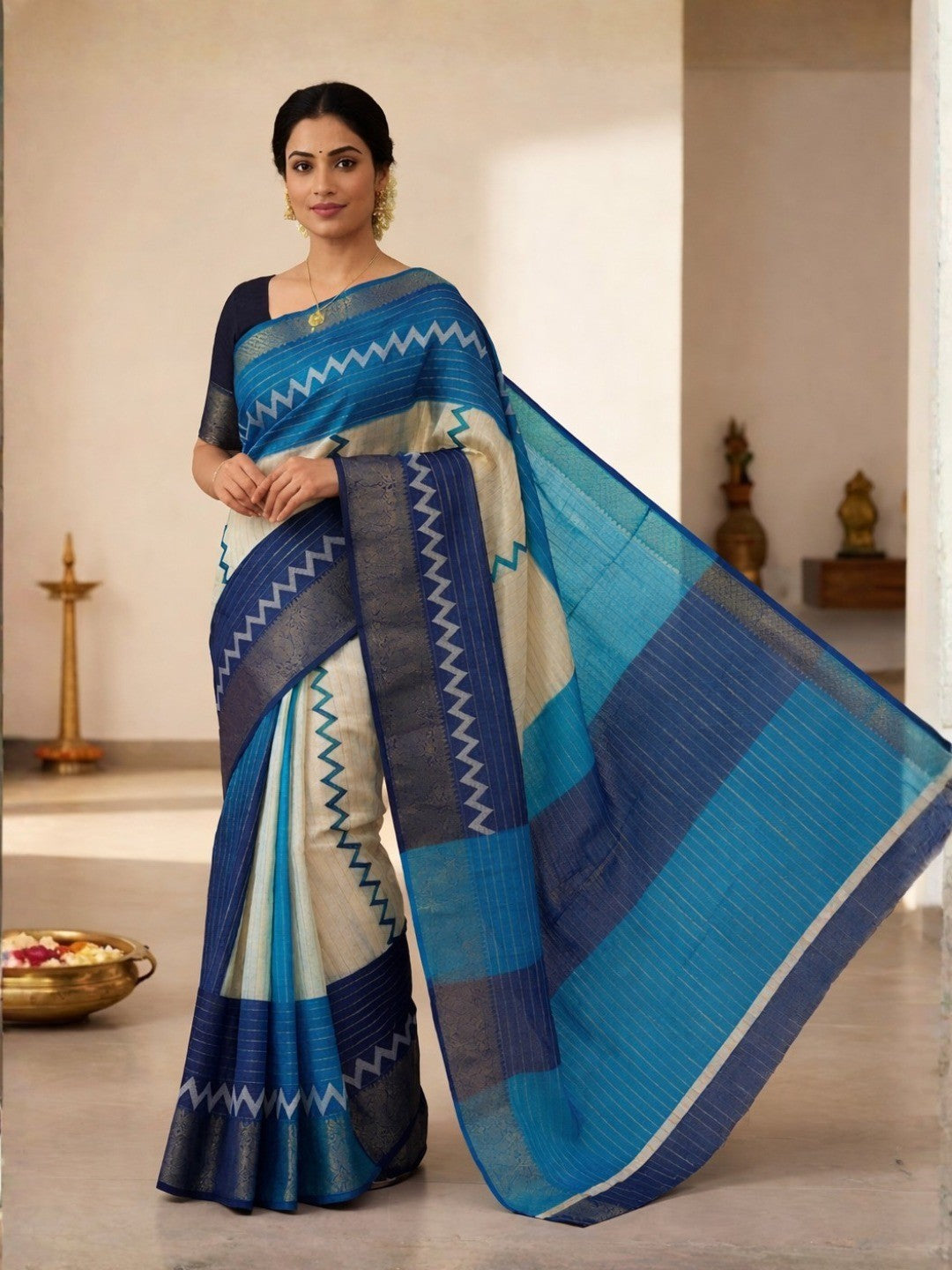Elegant Navy Blue Striped Weaving Georgette Saree Enhanced With Zig Zag Print Work - Image 1