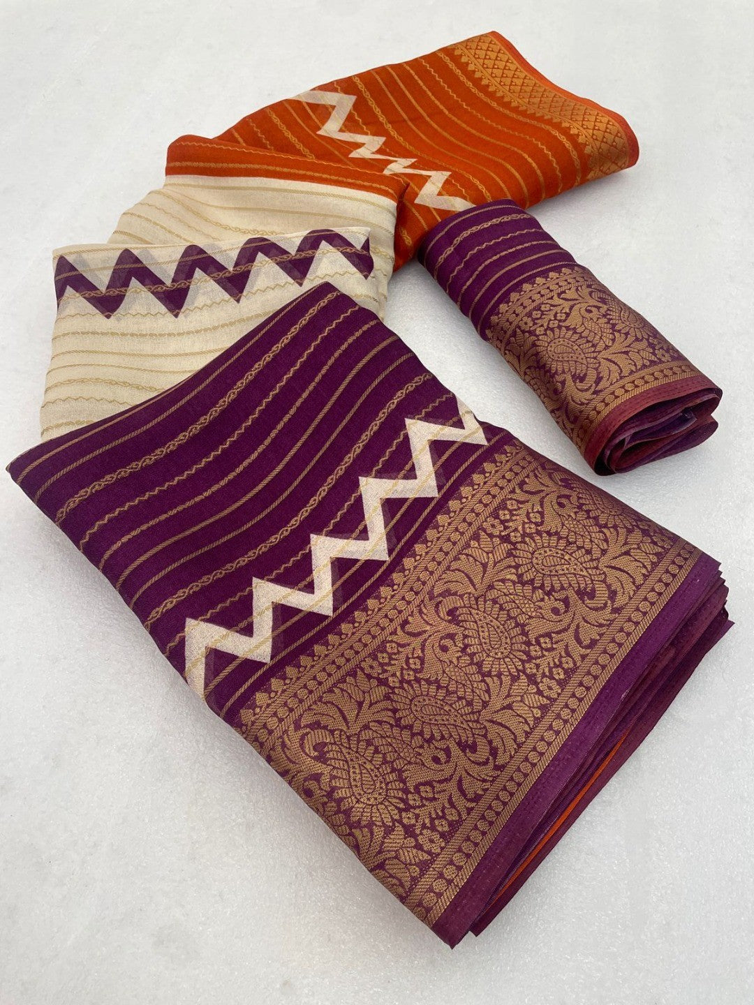Elegant Wine & Orange Striped Weaving Georgette Saree Enhanced With Zig Zag Print Work - Image 3