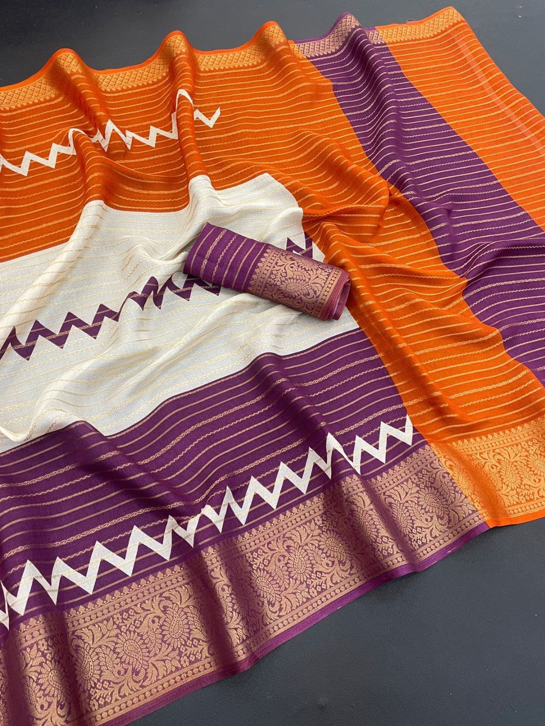 Elegant Wine & Orange Striped Weaving Georgette Saree Enhanced With Zig Zag Print Work - Image 2