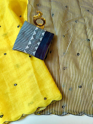 Elegant Yellow Linen Saree with Striped Pallu and Mirror Work - Image 2