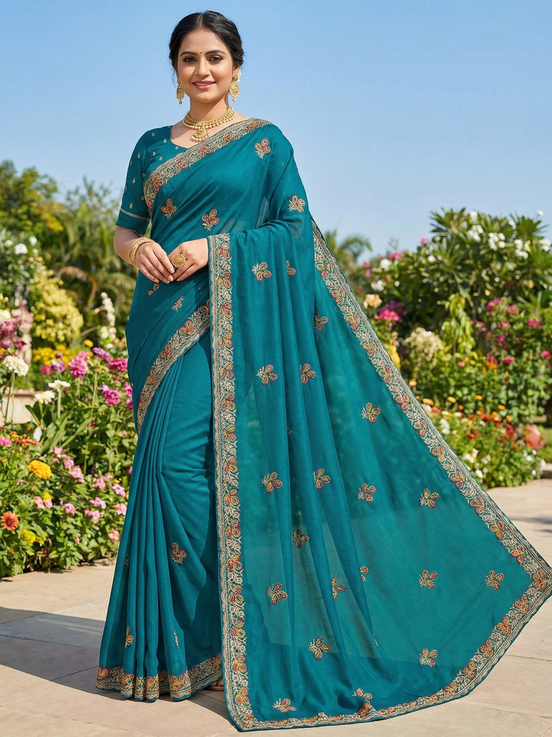 Teal Georgette Saree with Embroidered Floral Design and Border - Image 1
