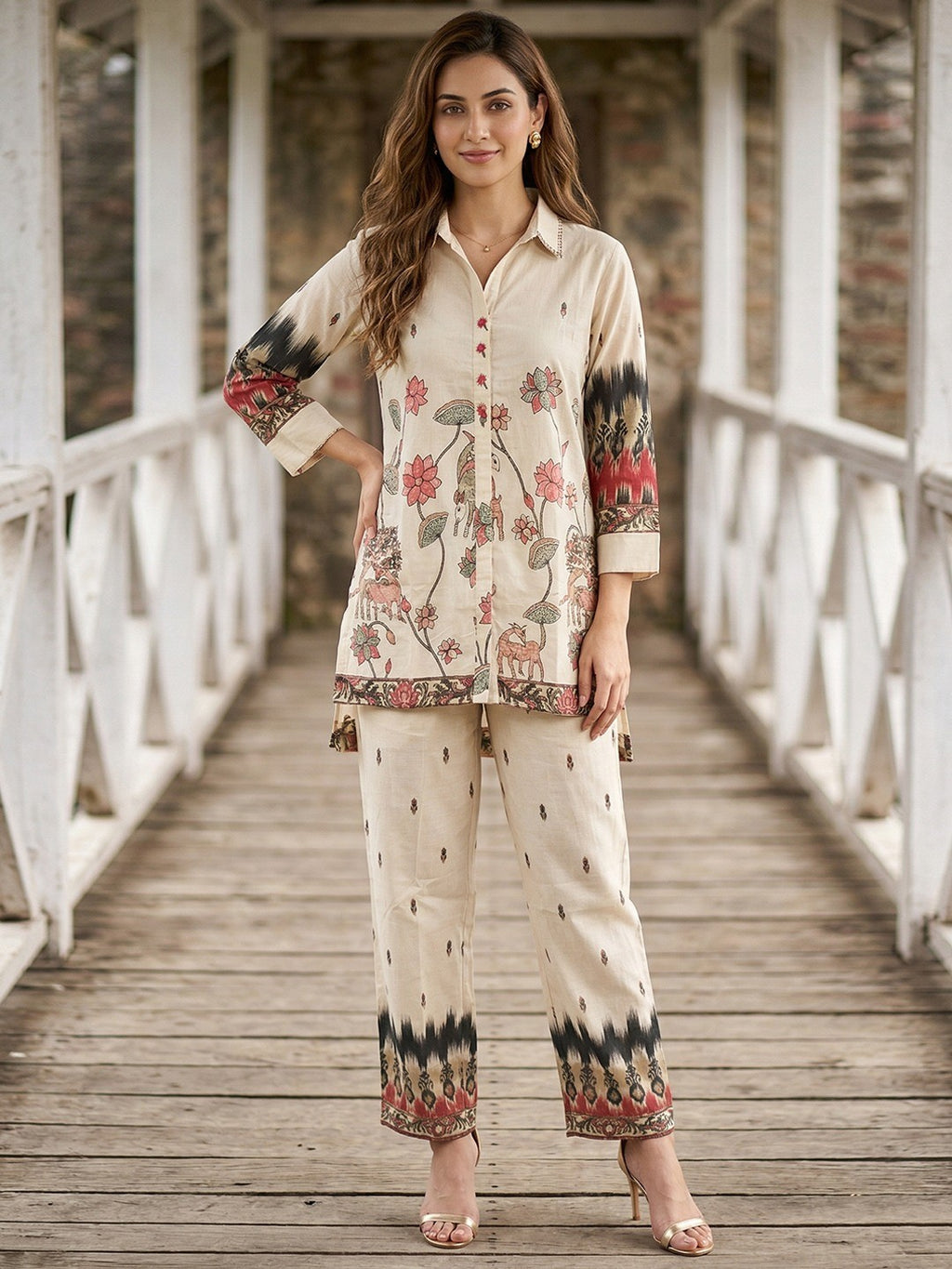 Off White Cotton Co-ord Set with Half Low Style Top and Stylish Bottom
