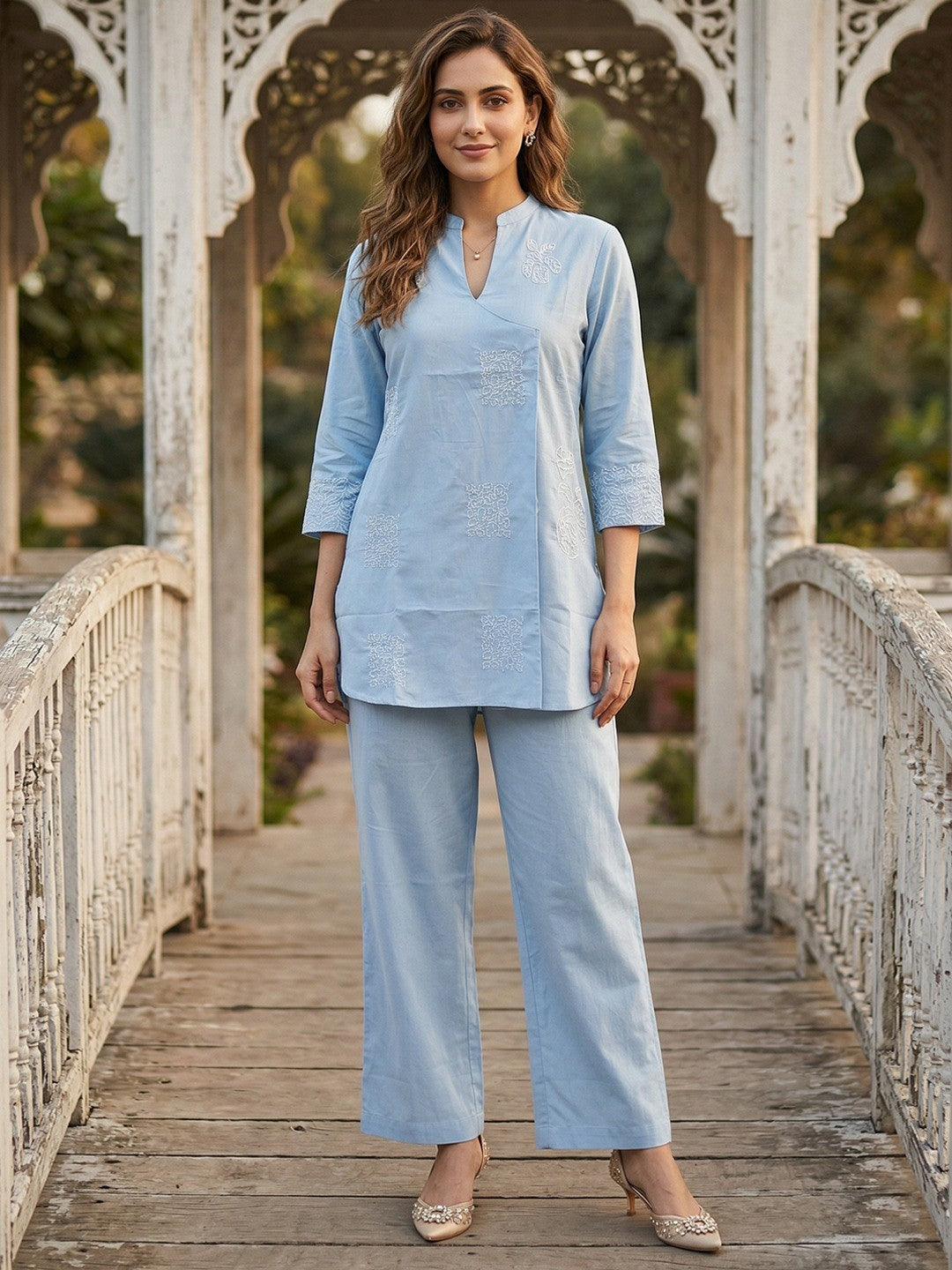 Stylish Blue Pure Cotton Angrakha Style Co-ord Set with Embroidered Top and Matching Bottom - Image 1