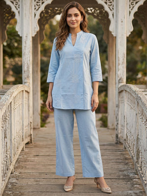 Stylish Blue Pure Cotton Angrakha Style Co-ord Set with Embroidered Top and Matching Bottom - Image 1