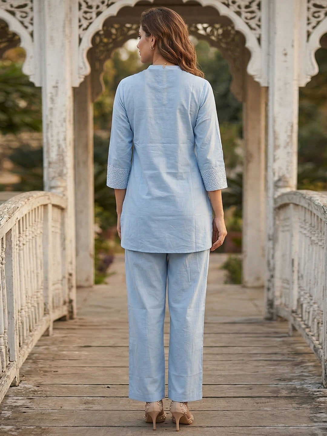 Stylish Blue Pure Cotton Angrakha Style Co-ord Set with Embroidered Top and Matching Bottom - Image 4