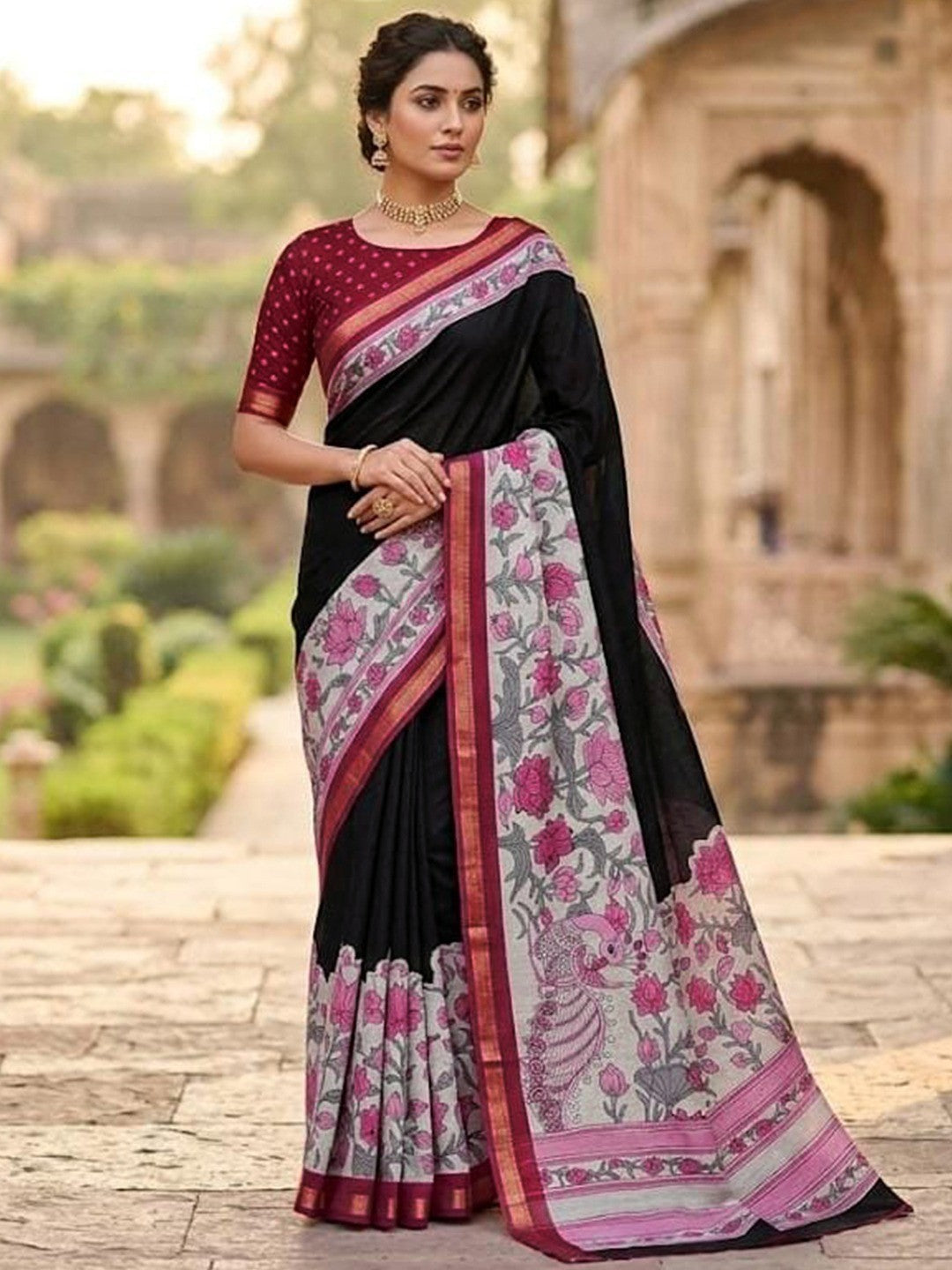 Elegant Black Mulmul Cotton Saree Adorned With Floral & Peacock Print Work Elegance - Image 1