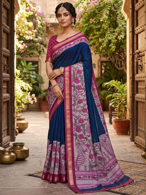 Elegant Blue Mulmul Cotton Saree Adorned With Floral & Peacock Print Work Elegance - Image 1