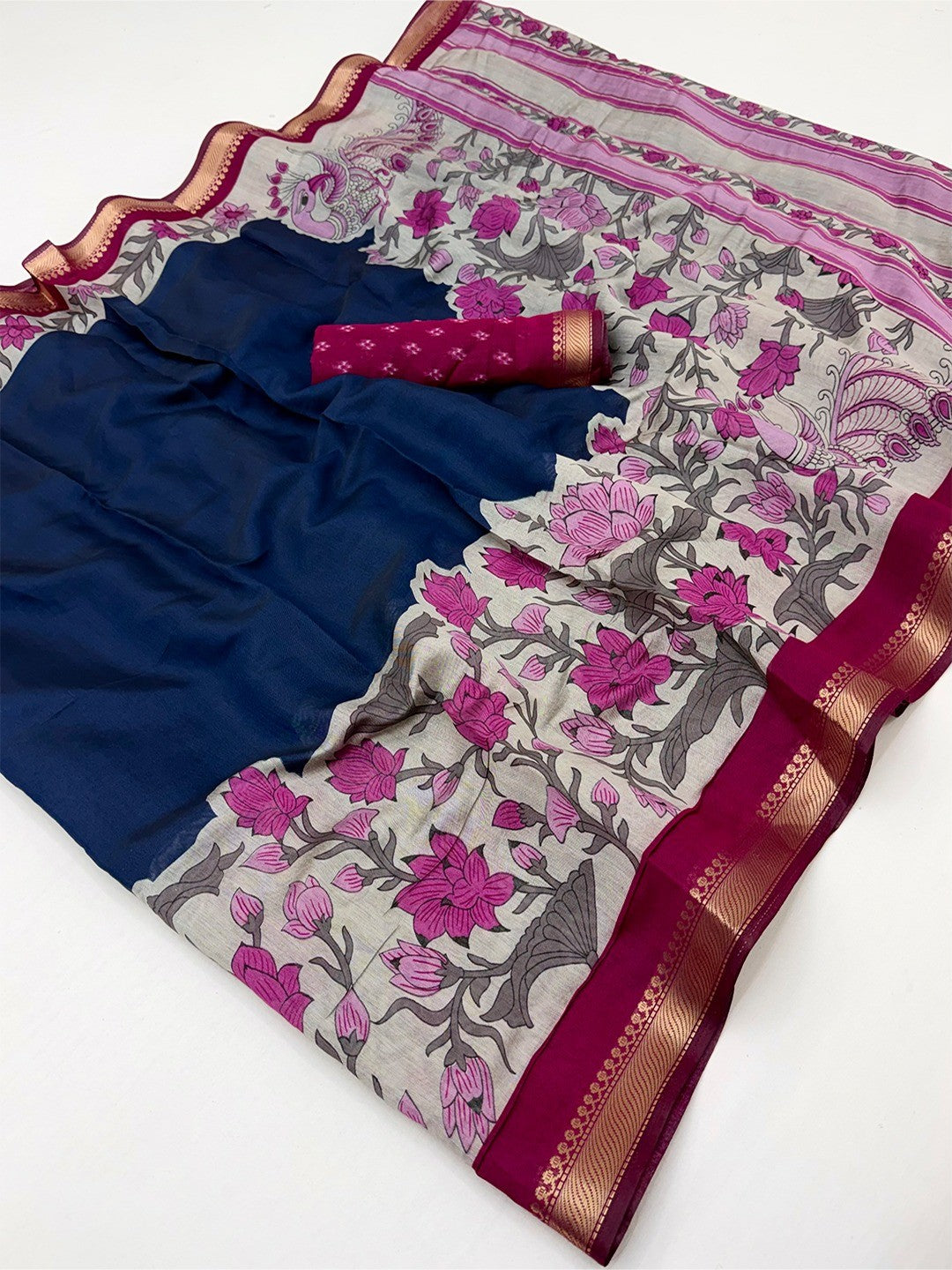 Elegant Blue Mulmul Cotton Saree Adorned With Floral & Peacock Print Work Elegance - Image 2