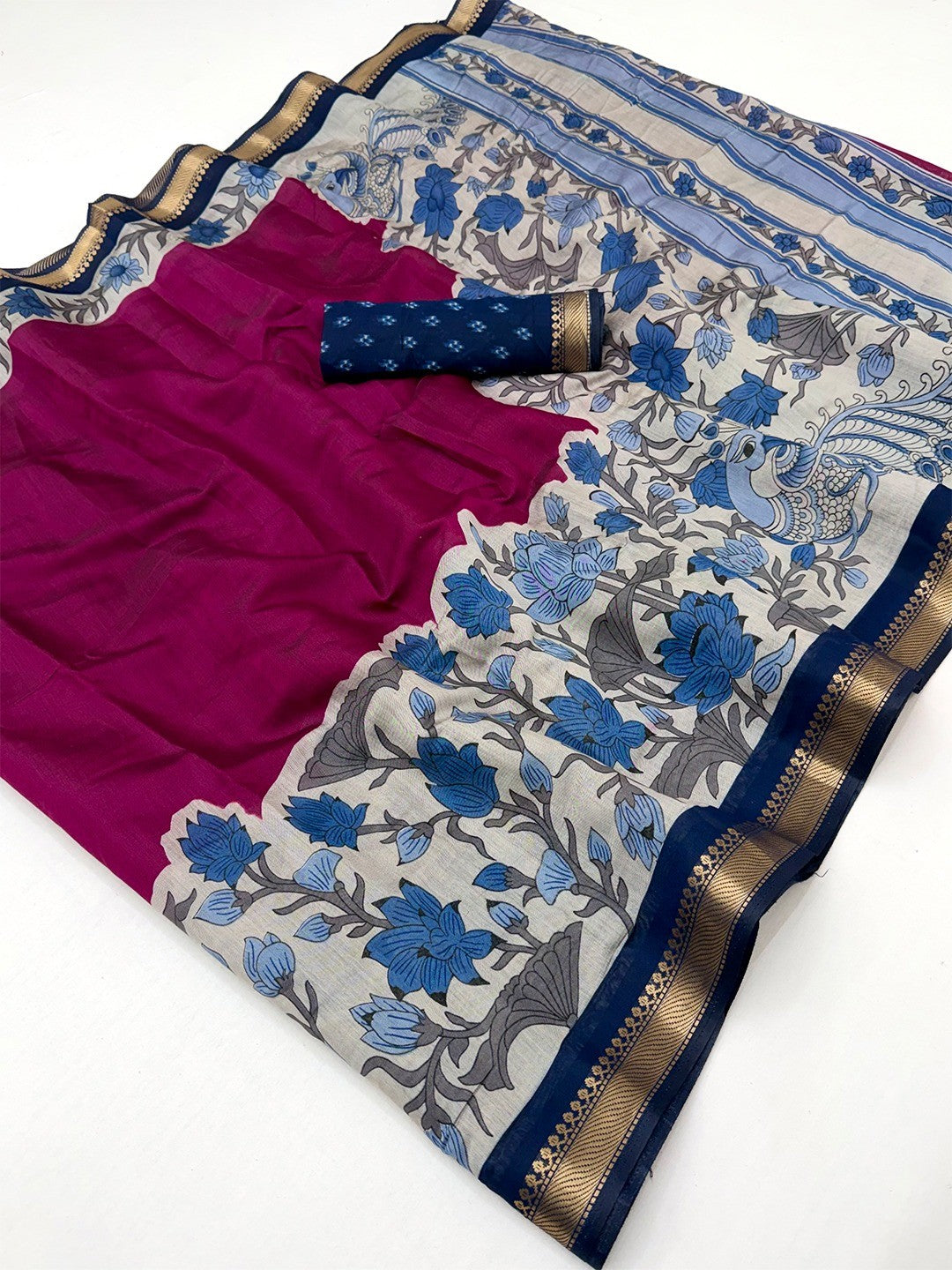 Elegant Dark Magenta Mulmul Cotton Saree Adorned With Floral & Peacock Print Work Elegance - Image 2