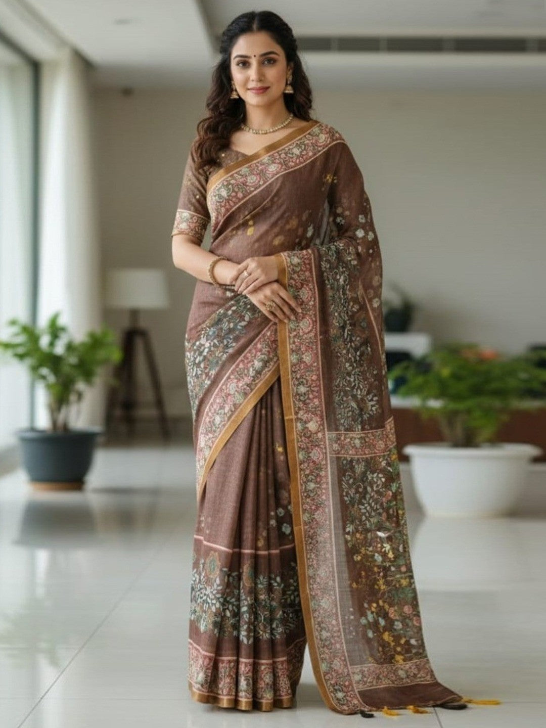 Graceful Brown Linen Saree with Beautiful Floral Print Border - Image 1