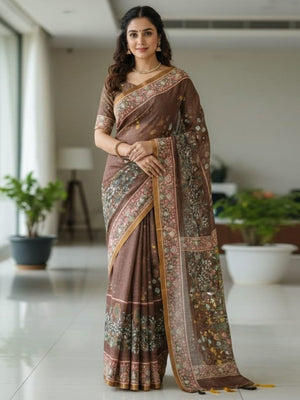 Graceful Brown Linen Saree with Beautiful Floral Print Border - Image 1