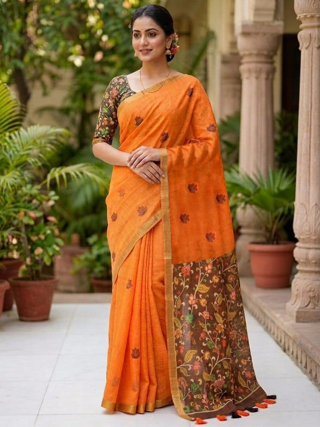 Graceful Orange Linen Saree with Beautiful Floral Printed Border - Image 1