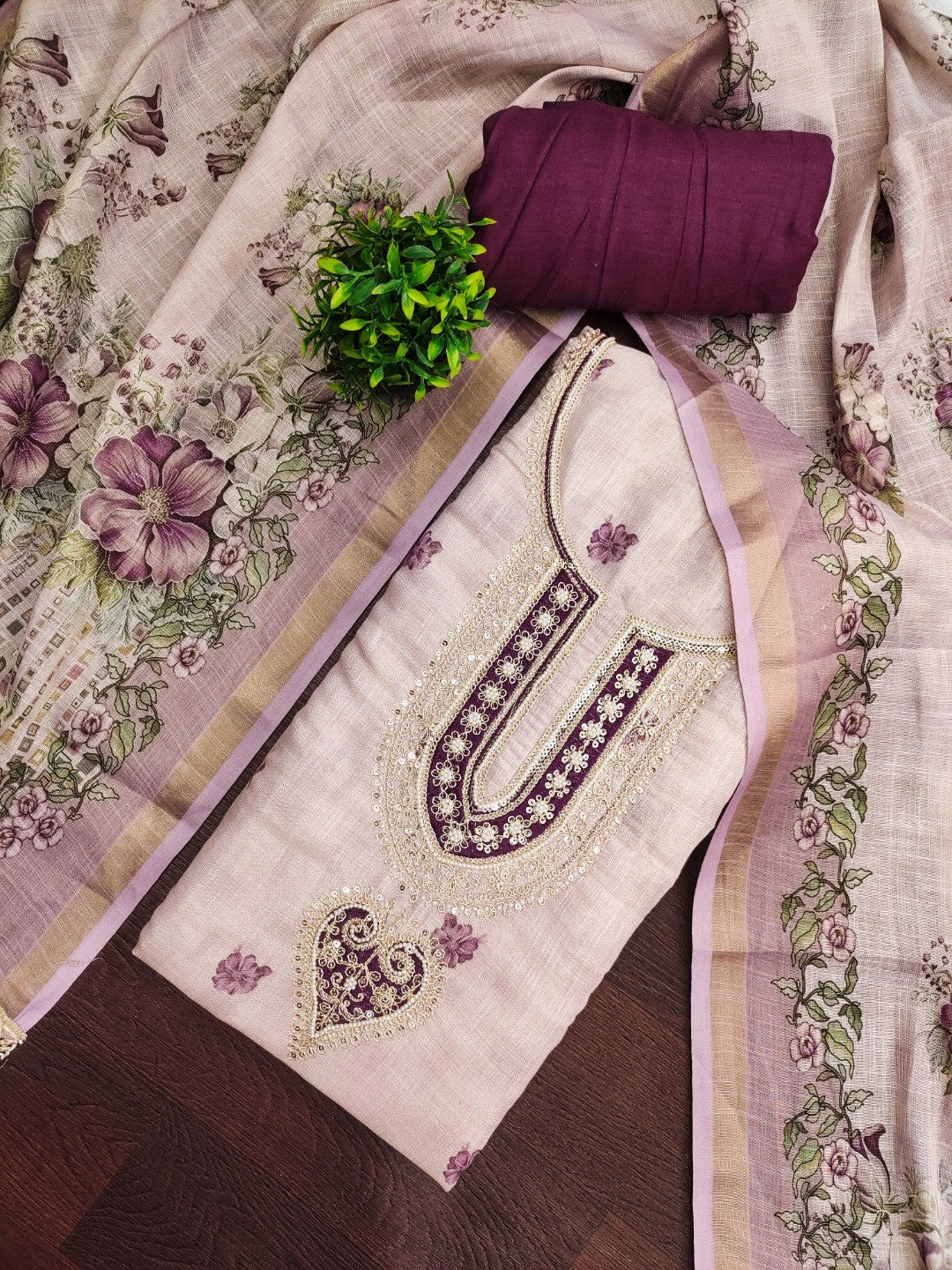 Ethnic Beige & Wine Linen Dress Material with Beautiful Floral Dupatta - Image 5