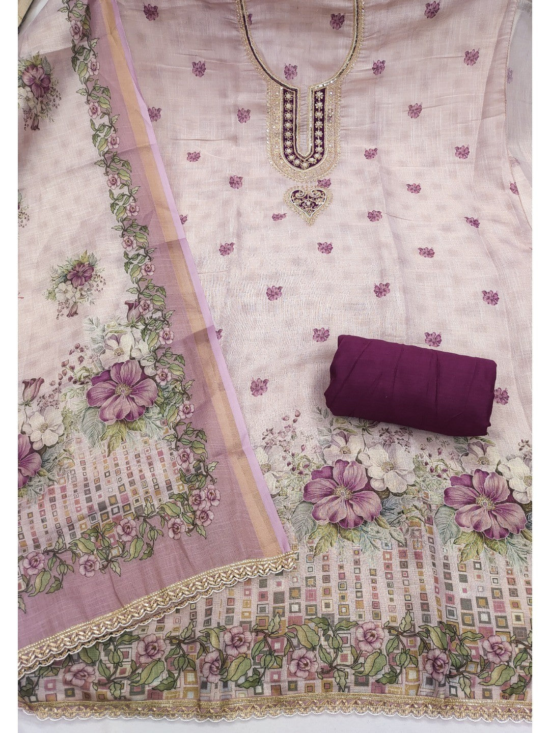 Ethnic Beige & Wine Linen Dress Material with Beautiful Floral Dupatta - Image 3