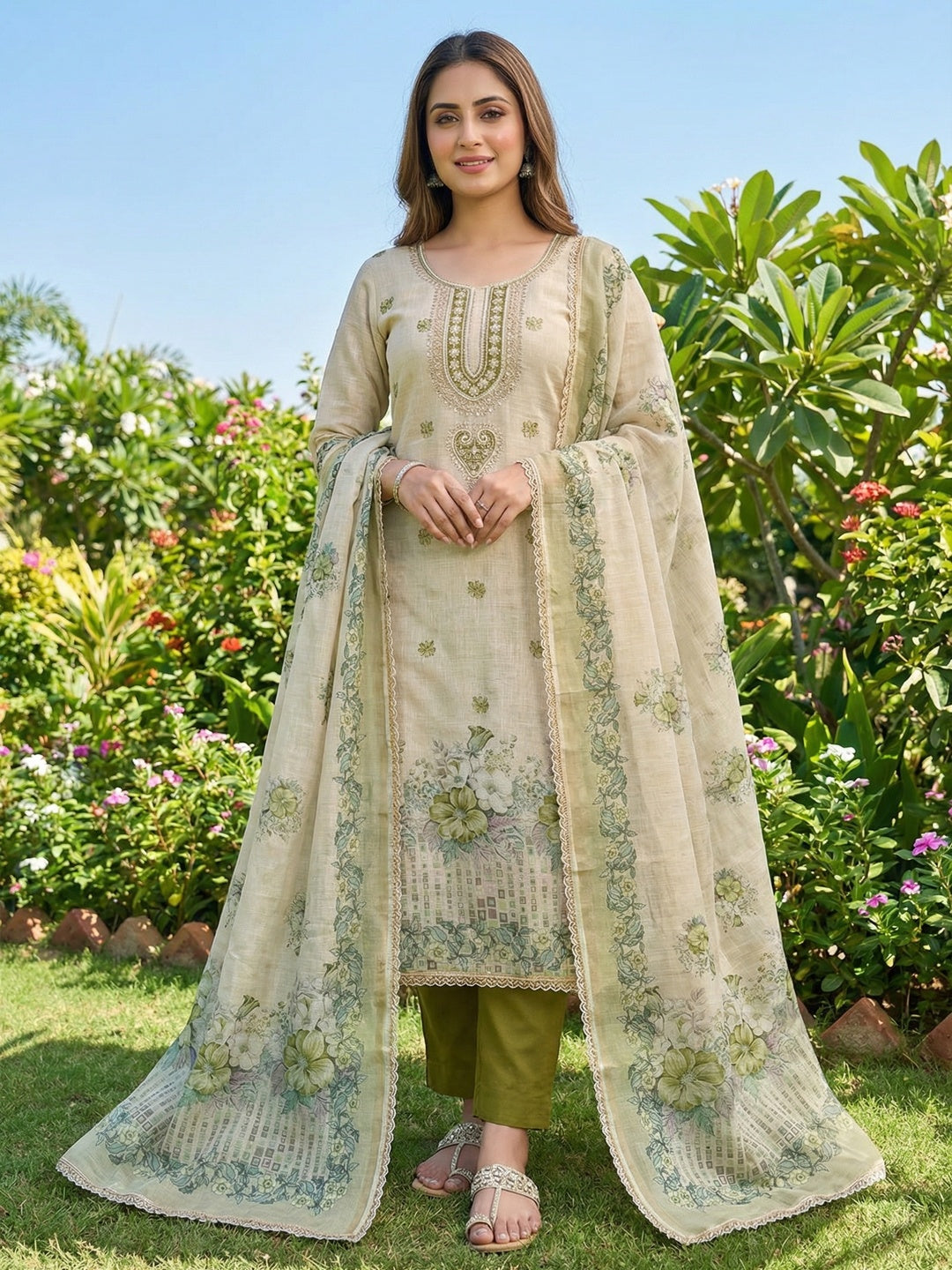 Elegant Beige & Green Linen Dress Material with Floral Printed Dupatta - Image 1