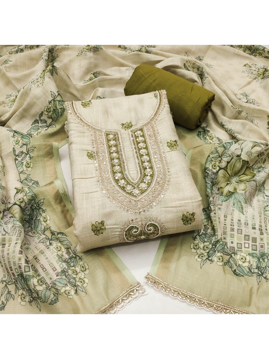 Elegant Beige & Green Linen Dress Material with Floral Printed Dupatta - Image 4