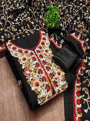 Ethnic Black Roman Art Silk Dress Material Highlighted With Floral & Paisley Thread Embroidery - Image 1