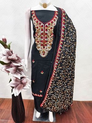 Ethnic Black Roman Art Silk Dress Material Highlighted With Floral & Paisley Thread Embroidery - Image 2