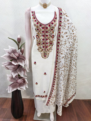 Ethnic Offwhite Roman Art Silk Dress Material Highlighted With Floral & Paisley Thread Embroidery - Image 2