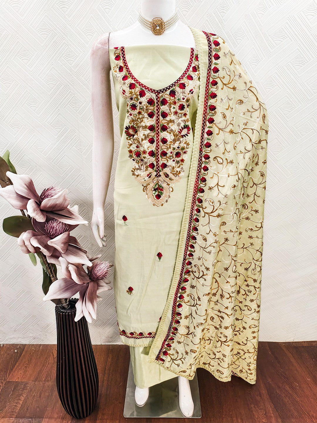 Ethnic Pista Green Roman Art Silk Dress Material Highlighted With Floral & Paisley Thread Embroidery - Image 2