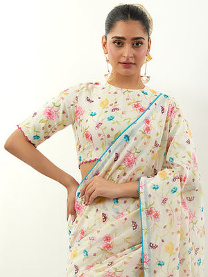 Stylish Cream Floral Print Georgette Saree Highlighted With Lace Border Finish - Image 2