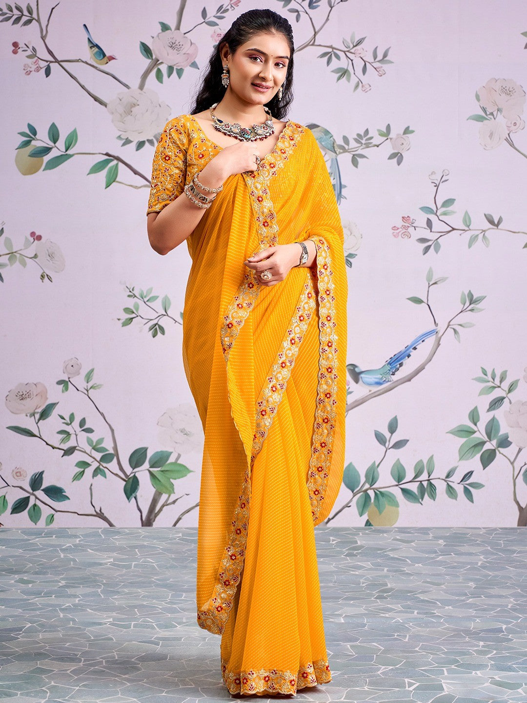 Bright Orange Striped Printed Georgette Saree With Shimmering Sequin Embroidered Border - Image 1