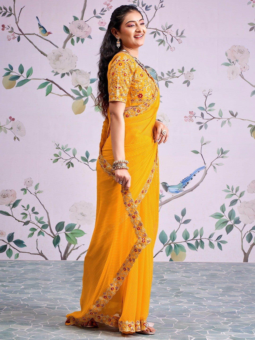 Bright Orange Striped Printed Georgette Saree With Shimmering Sequin Embroidered Border - Image 6