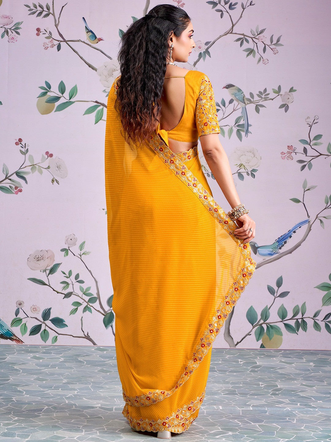 Bright Orange Striped Printed Georgette Saree With Shimmering Sequin Embroidered Border - Image 5
