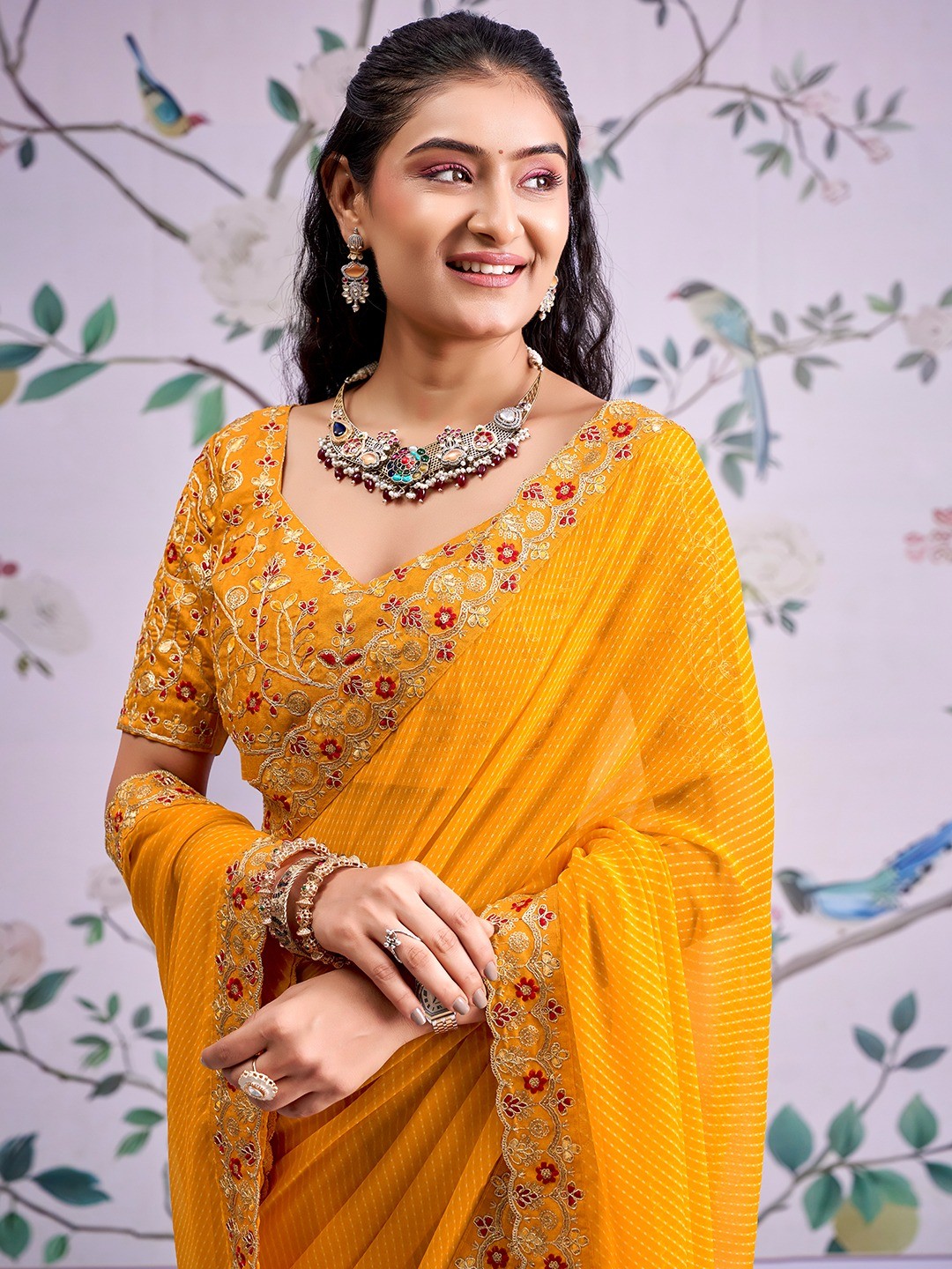 Bright Orange Striped Printed Georgette Saree With Shimmering Sequin Embroidered Border - Image 4