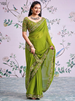 Green Striped Printed Georgette Saree With Shimmering Sequin Embroidered Border - Image 1