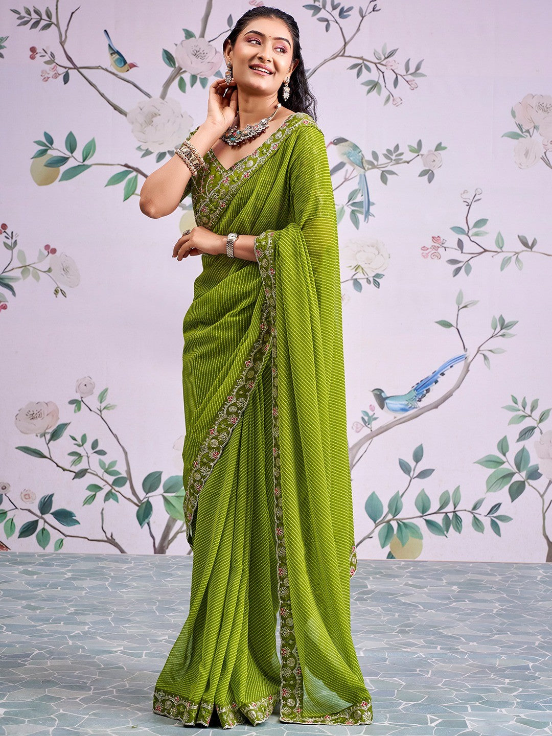 Green Striped Printed Georgette Saree With Shimmering Sequin Embroidered Border - Image 5
