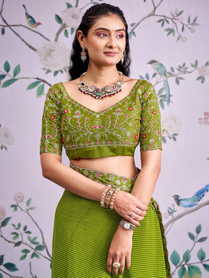 Green Striped Printed Georgette Saree With Shimmering Sequin Embroidered Border - Image 2