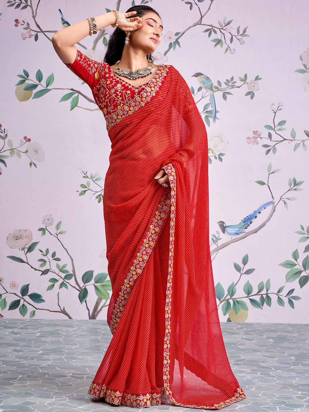Red Striped Printed Georgette Saree With Shimmering Sequin Embroidered Border - Image 1