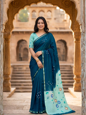 Rama Blue Mulmul Cotton Saree with Floral Print - Image 1