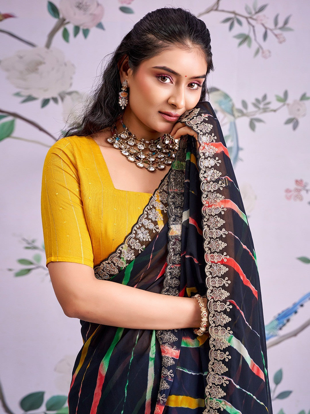 Black Leheriya Printed Georgette Saree - Image 4