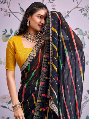 Black Leheriya Printed Georgette Saree - Image 2