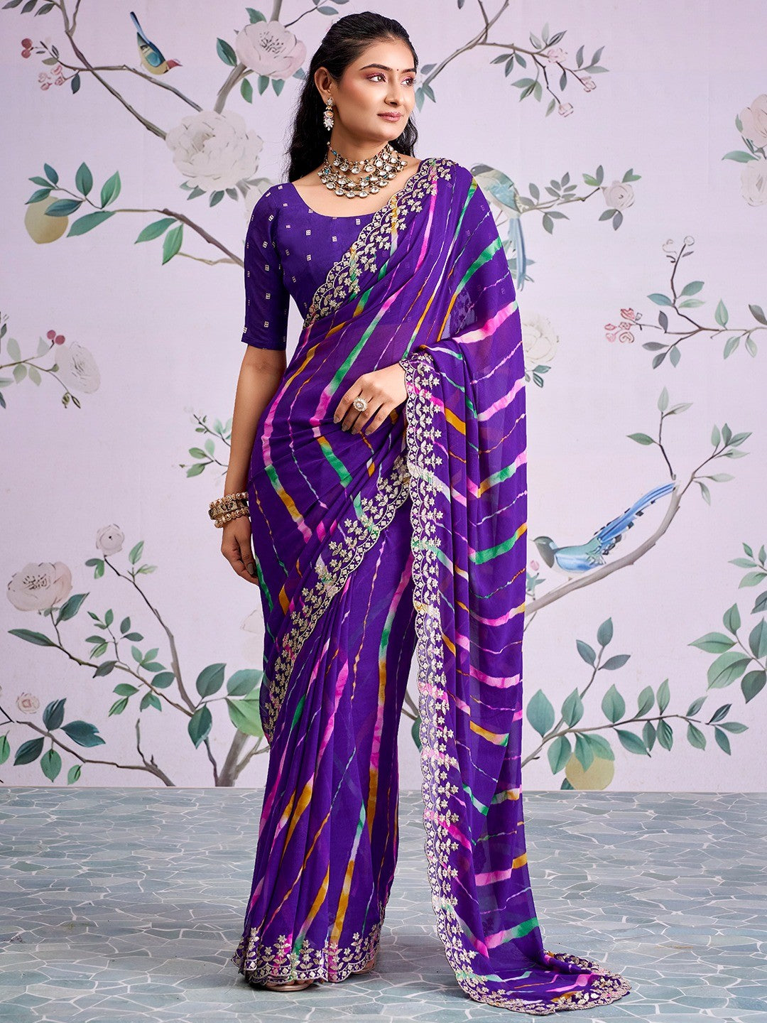 Purple Leheriya Printed Georgette Saree - Image 1