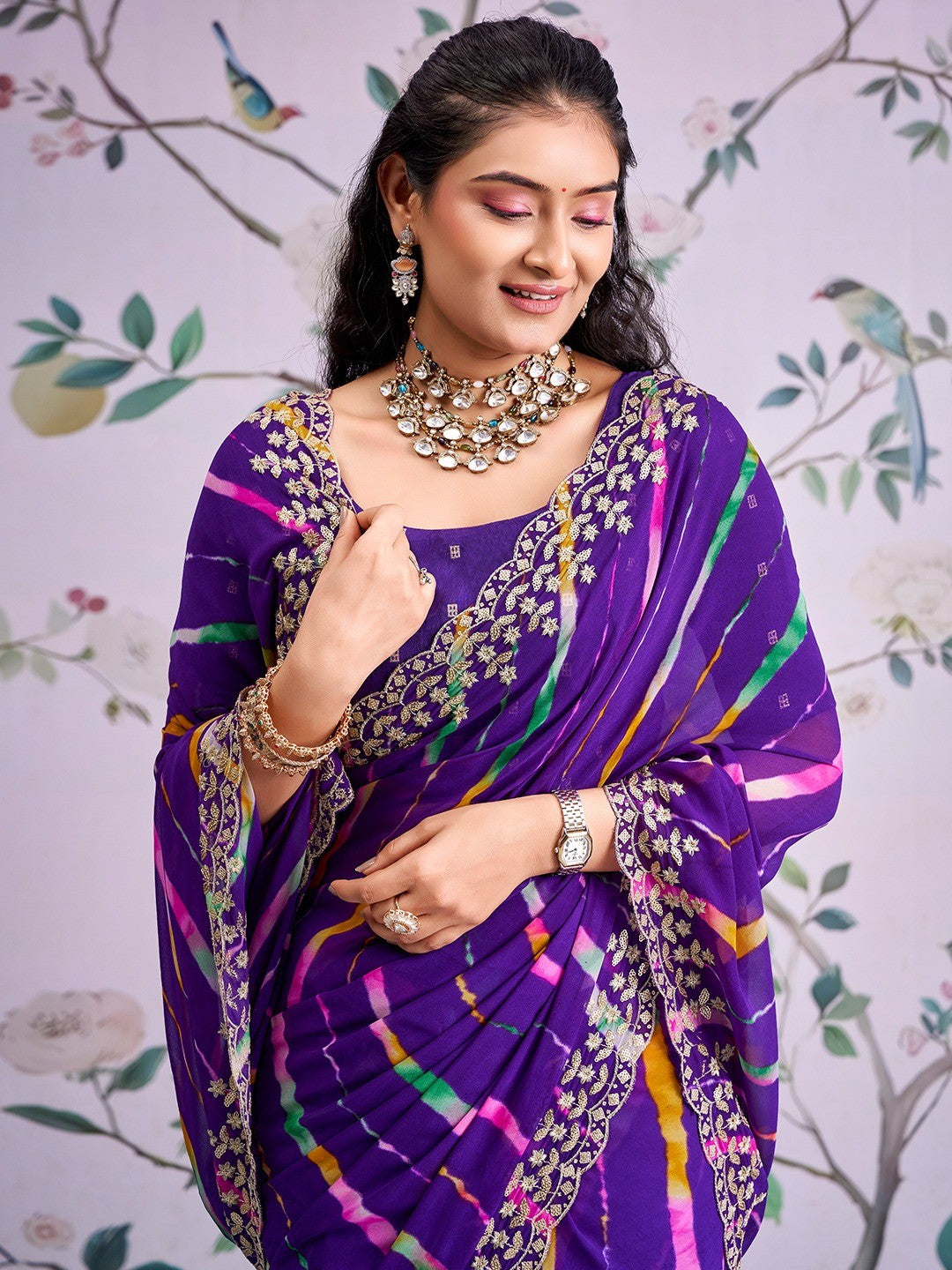 Purple Leheriya Printed Georgette Saree - Image 4
